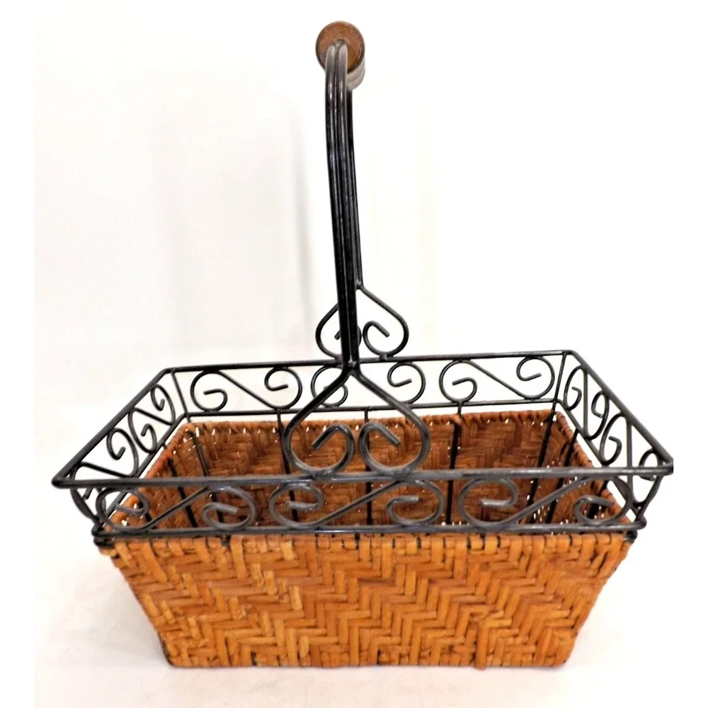 Scrollwork Metal & Woven Wicker Handle Basket - 7x11 x 5